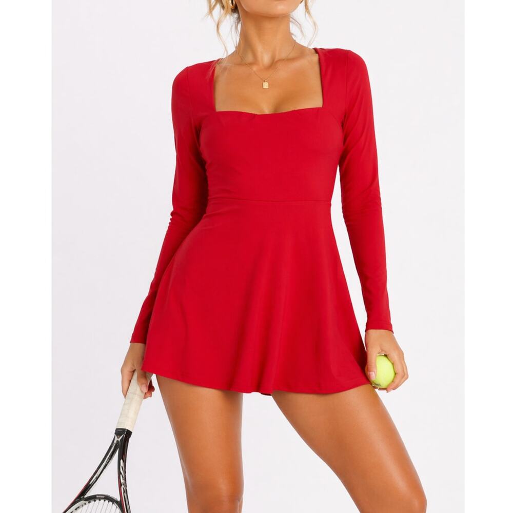 HYZ Square Neck Long Sleeve Tennis Dress Red Size M